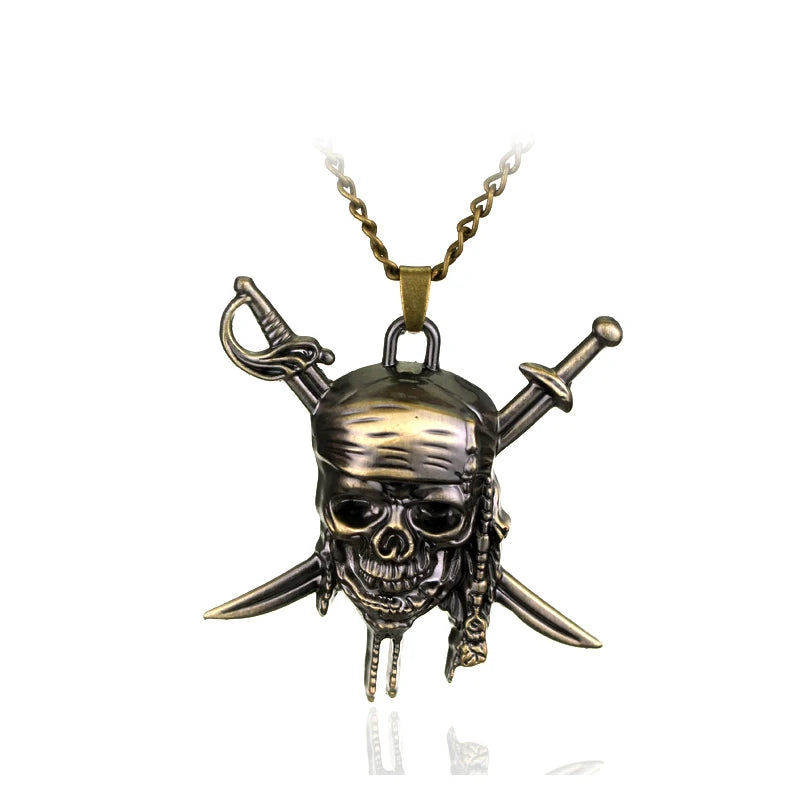 A silver skull pendant necklace featuring a stylized skull and crossed swords.