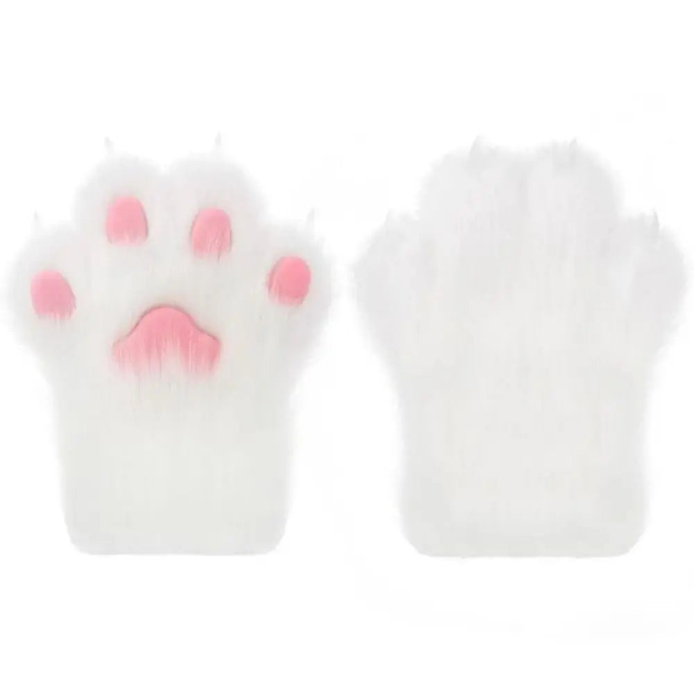 Pair of white faux furry gloves shaped like animal paws with pink accents