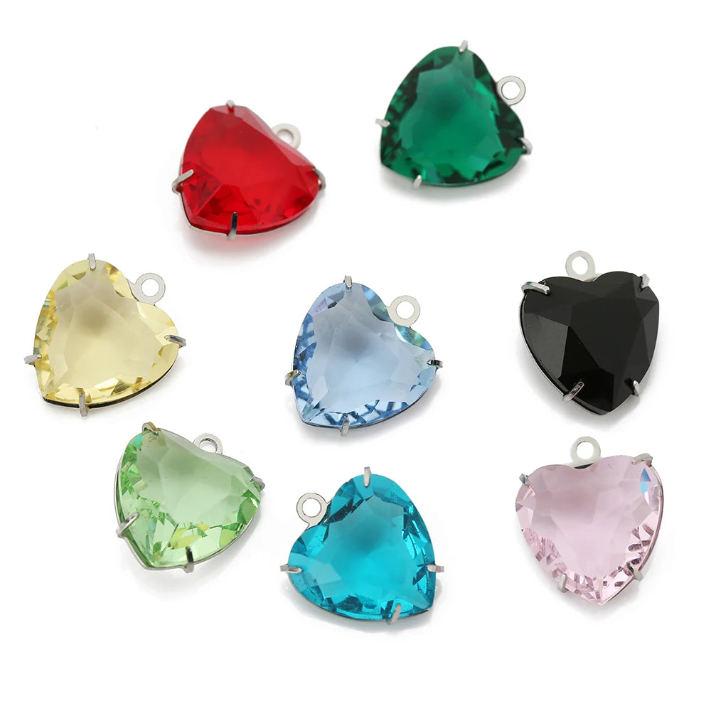 Five heart-shaped crystal pendants in various colors including red, green, yellow, blue, black, and pink.