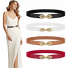 A collection of four stretchy elastic waistbands for women in black, white, tan, and red with gold floral accents.