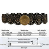 A set of vintage western denim belts in black and gold leather with various waist sizes and lengths shown alongside measureme