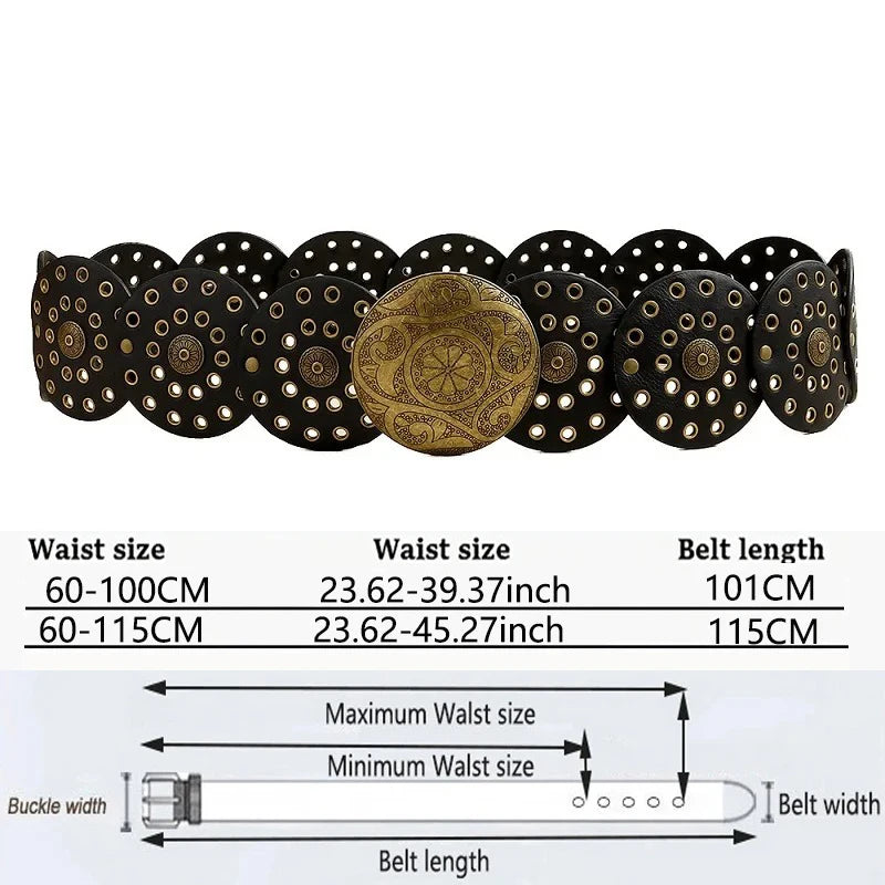 A set of vintage western denim belts in black and gold leather with various waist sizes and lengths shown alongside measureme