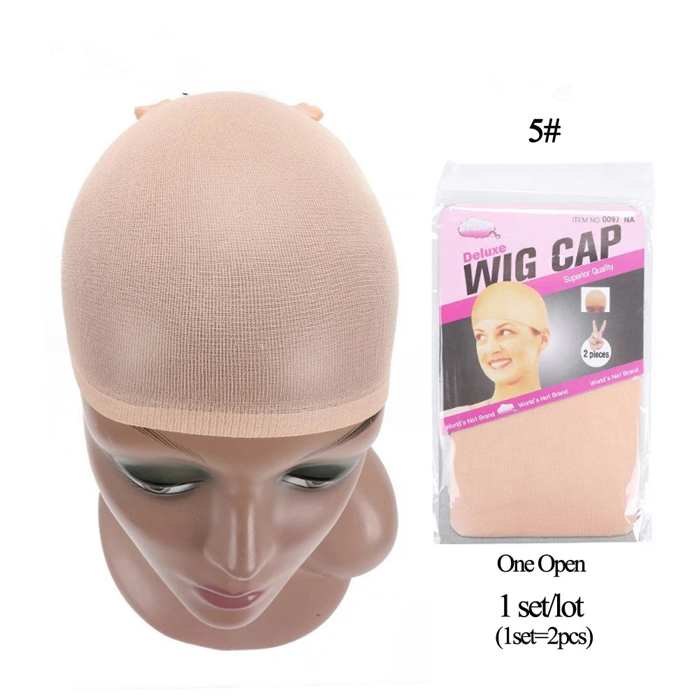 A beige wig cap is shown on a mannequin head, packaged with instructions for styling and accessories.