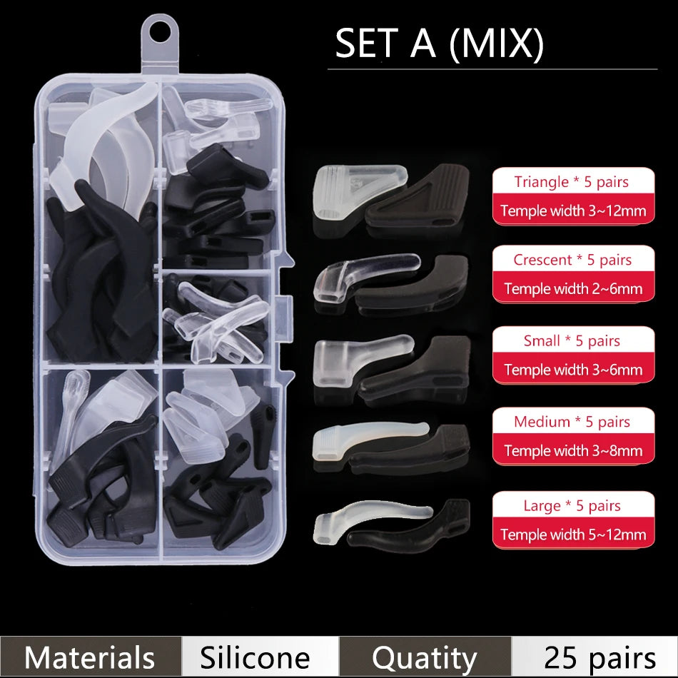 A set of silicone ear grip hooks in various sizes for glasses and sunglasses