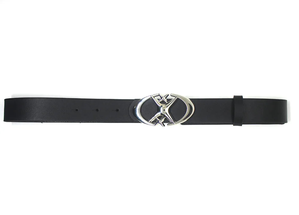 Black leather belt with a silver moon star buckle.