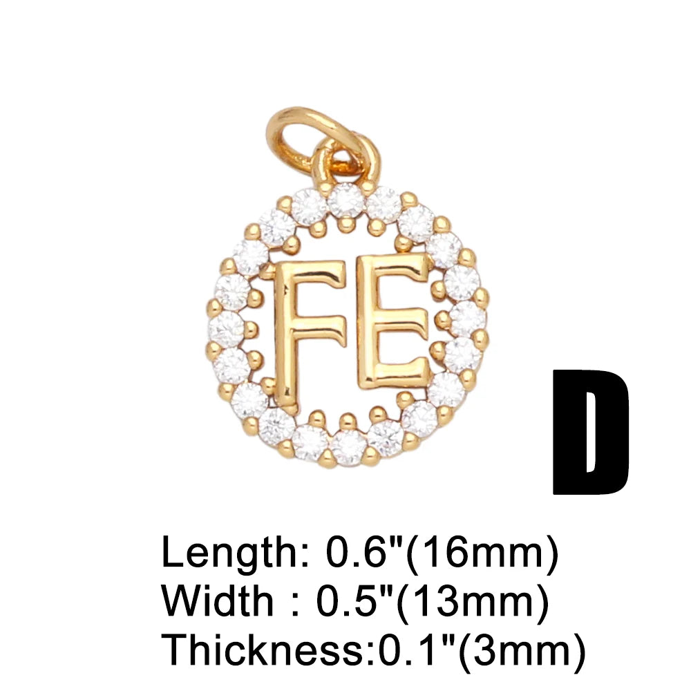 Gold plated initial charm with a circular border featuring the letters FE