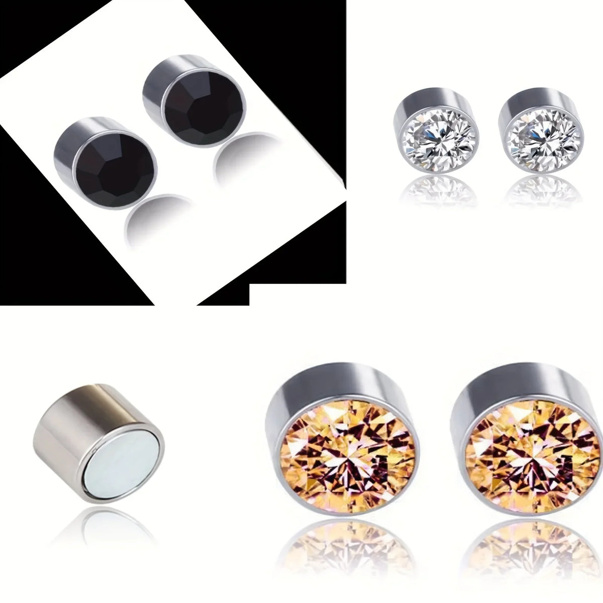 A set of magnetic nose stud earrings made of stainless steel and cubic zirconia stones.