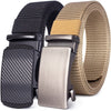 A close-up view of a black and tan tactical canvas utility belt with a stainless steel buckle.