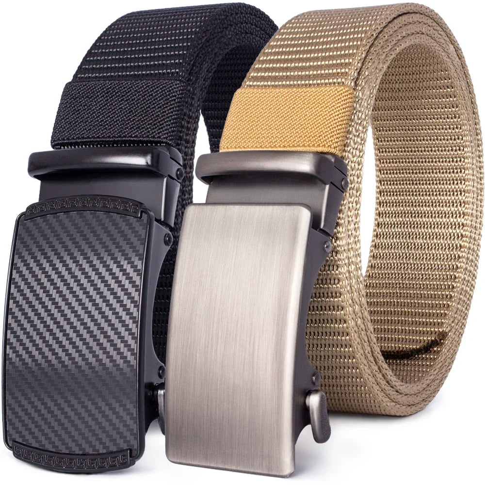 A close-up view of a black and tan tactical canvas utility belt with a stainless steel buckle.