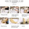 A step-by-step guide showing how to wash a wig, including filling a sink, adding shampoo, washing by hand, rinsing, squeezing