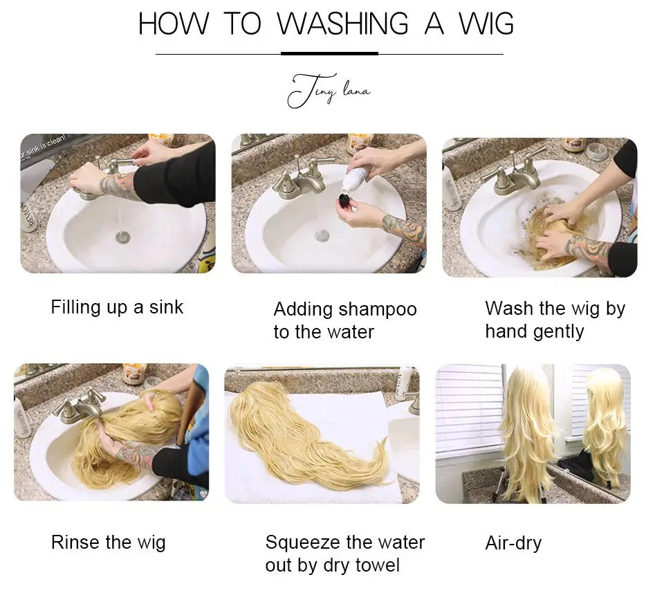 A step-by-step guide showing how to wash a wig, including filling a sink, adding shampoo, washing by hand, rinsing, squeezing
