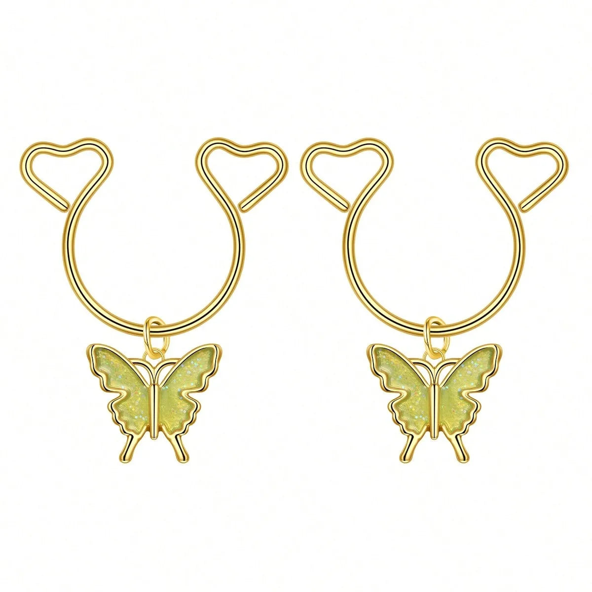 A pair of gold heart dangle non-piercing nipple rings with cubic zirconia butterfly charms.