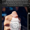 A close-up of a white quartz watch with a silver and red dial worn on a person's wrist.