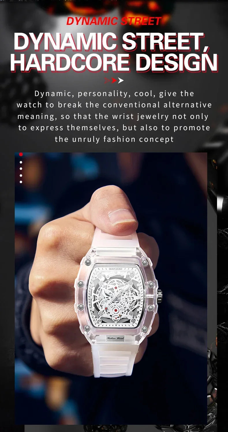 A close-up of a white quartz watch with a silver and red dial worn on a person's wrist.