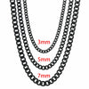 Three gold Cuban link chain necklaces displayed, showing sizes of 3mm, 5mm, and 7mm.