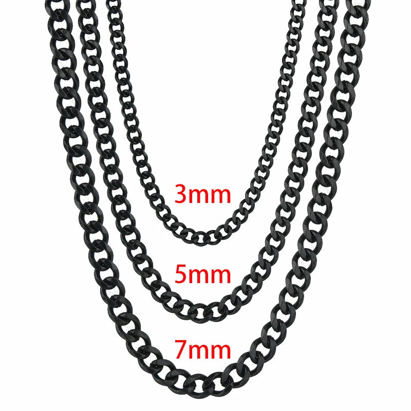Three gold Cuban link chain necklaces displayed, showing sizes of 3mm, 5mm, and 7mm.