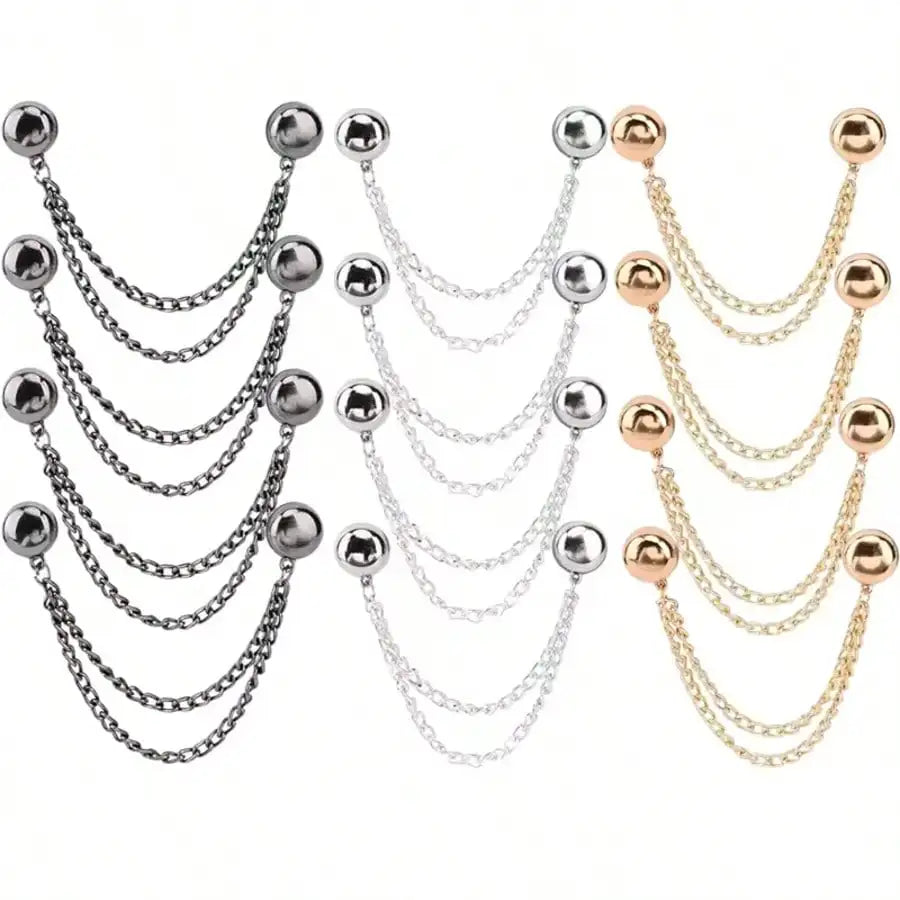 A collection of multi-function magnetic clothing clips in silver and gold tones.