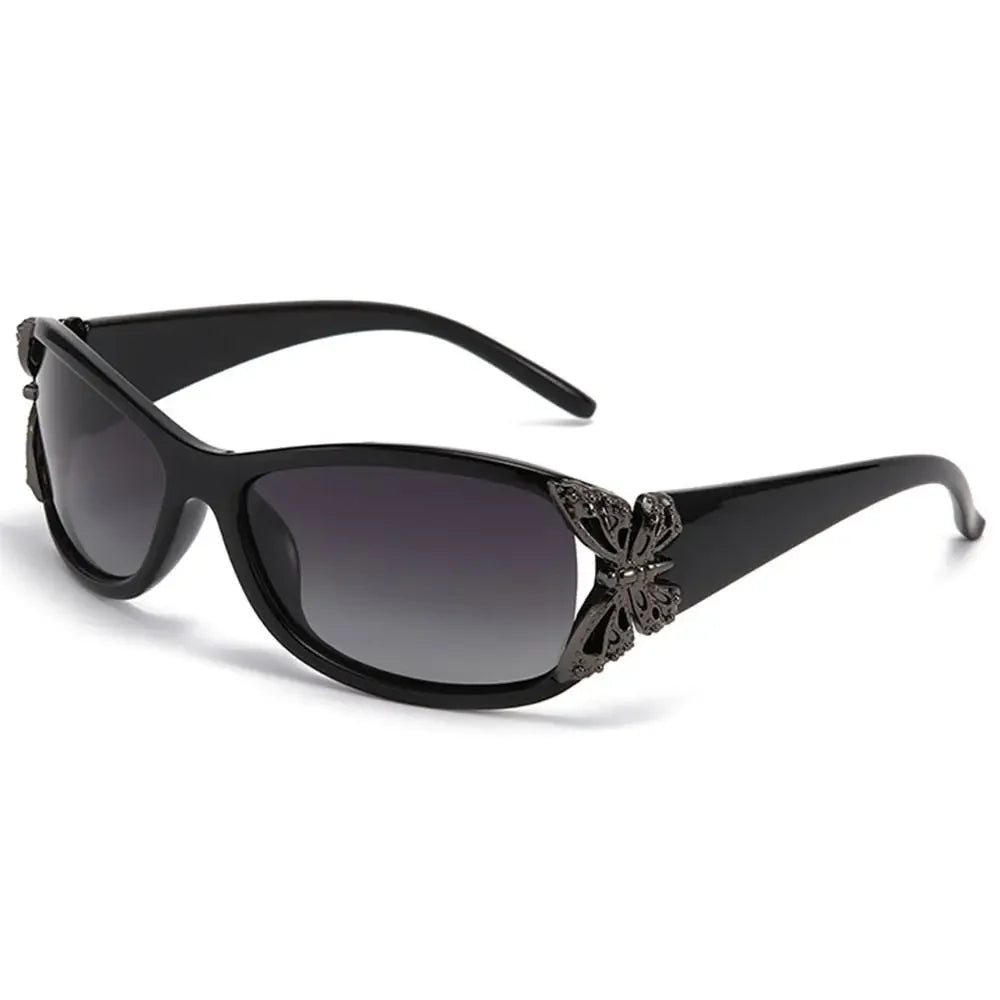 Black vintage butterfly wrap sunglasses with dark tinted lenses