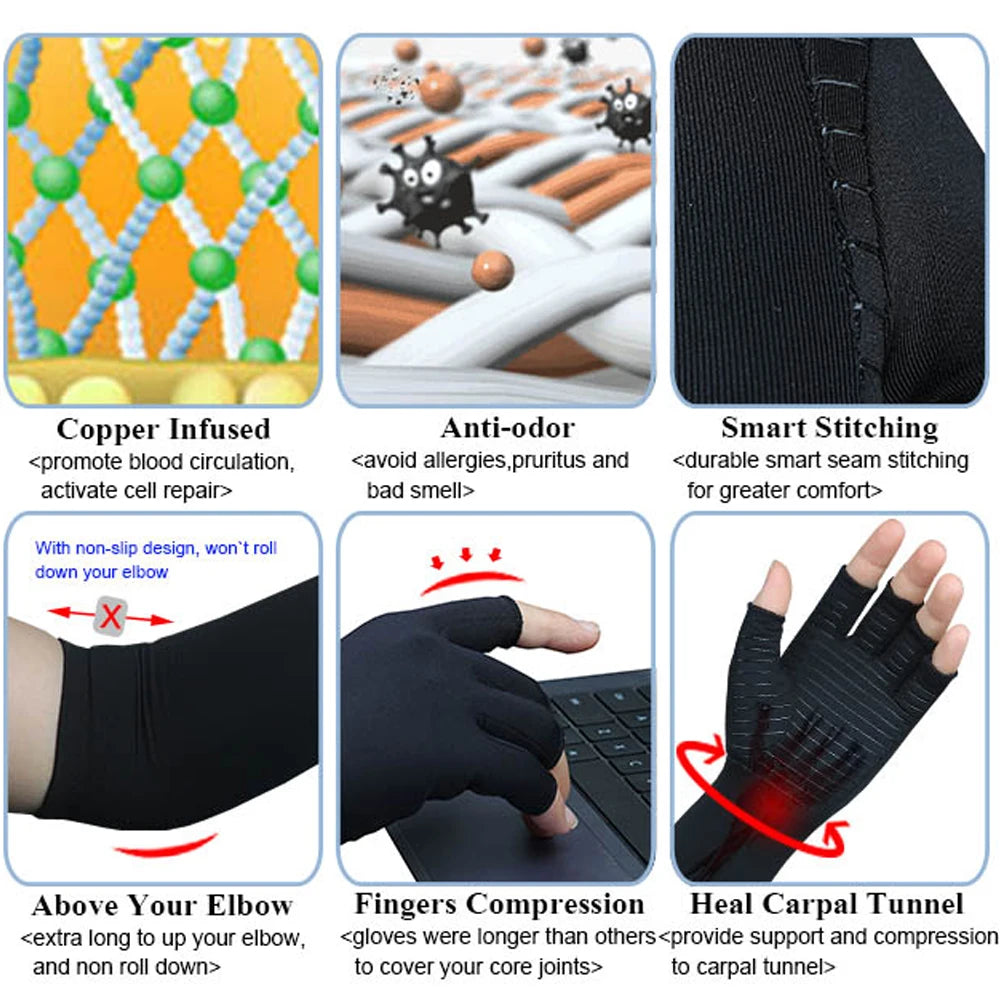 Black compression gloves with smart stitching and finger compression for hand and wrist relief
