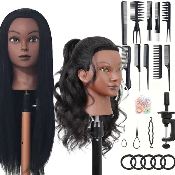 A display of professional cosmetology practice mannequin heads with various hair extensions and styling tools.