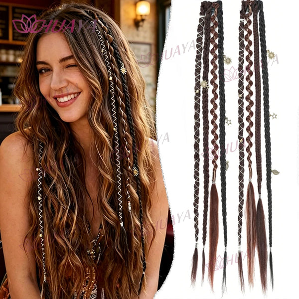 A woman with long, wavy brown hair shows off beaded clip-in hair extensions.