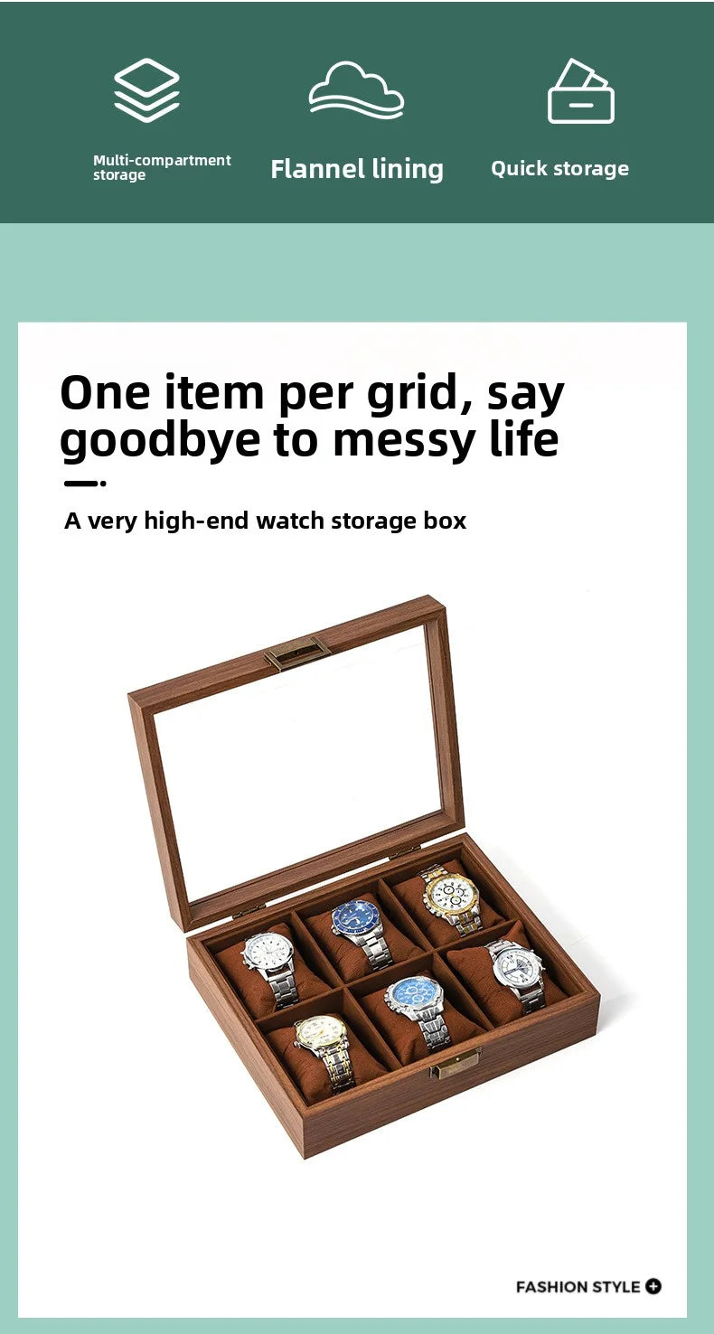 A wooden watch storage box with multiple slots displaying several wristwatches and jewelry.