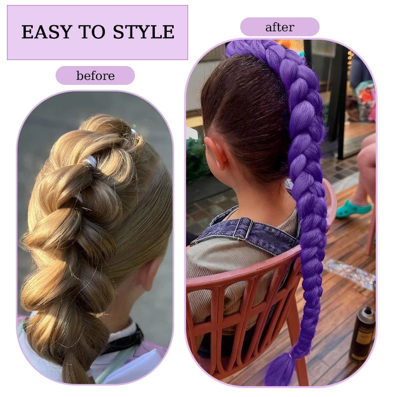 Before and after photos showing easy styling of vibrant purple braided hair extensions