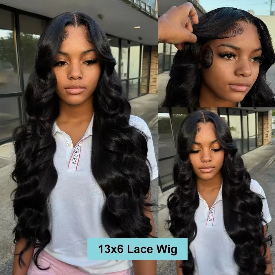 A woman modeling a long body wave human hair wig with HD lace front