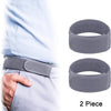 Two gray elastic waist belts shown next to a person wearing light blue clothing.