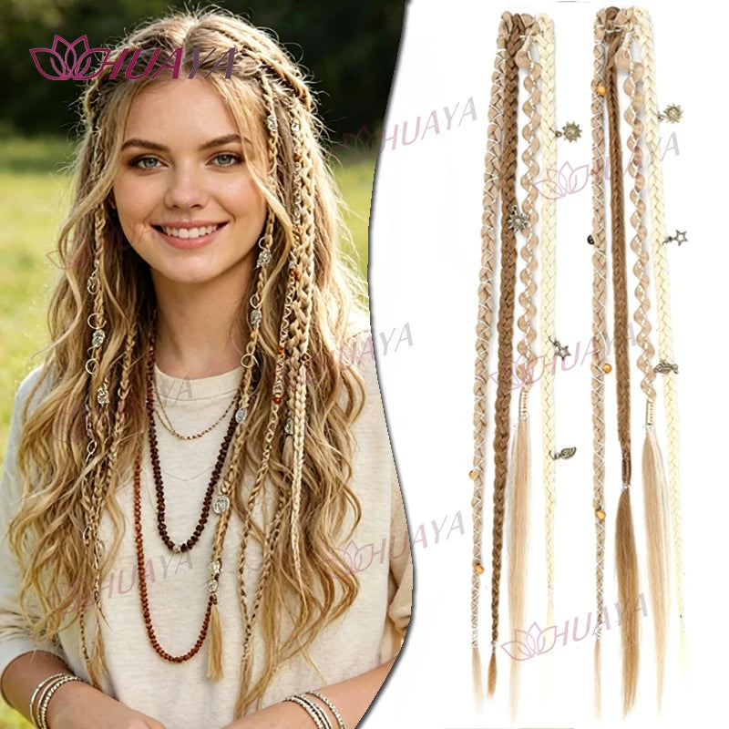 A young woman models long, blonde hair with beaded clip-in extensions and loose braids.