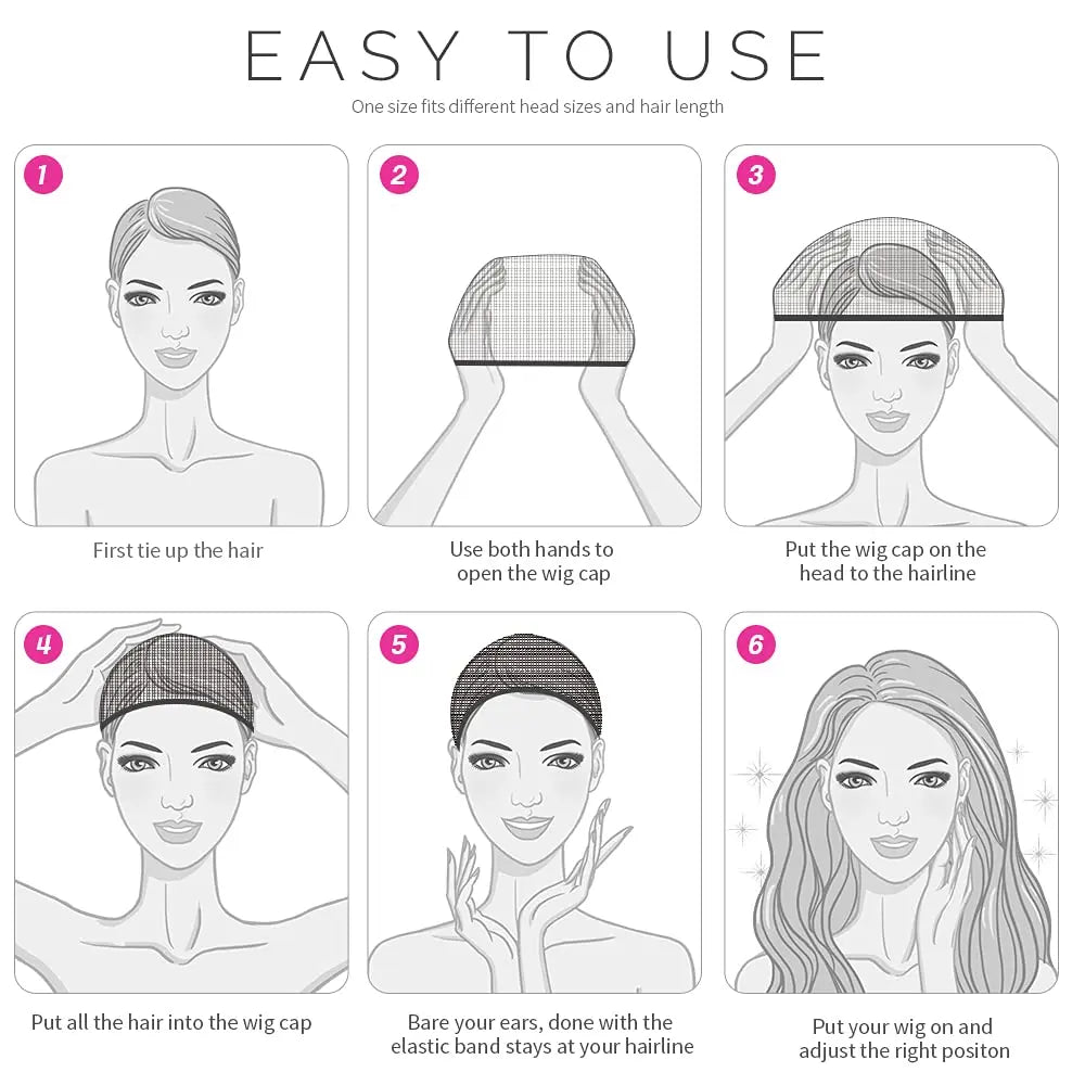 Six steps demonstrating how to use a wig cap for a cosplay wig.