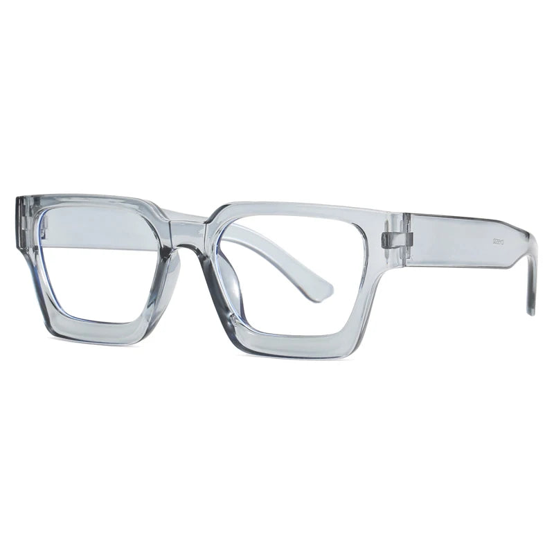 Montura cuadrada de gafas vintage de plástico transparente con temples de metal fino