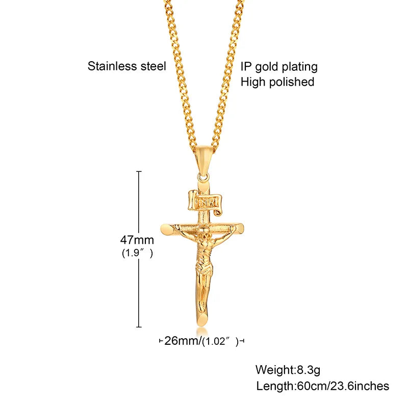 A gold-plated stainless steel cross necklace with a high polished finish and a 47mm length.