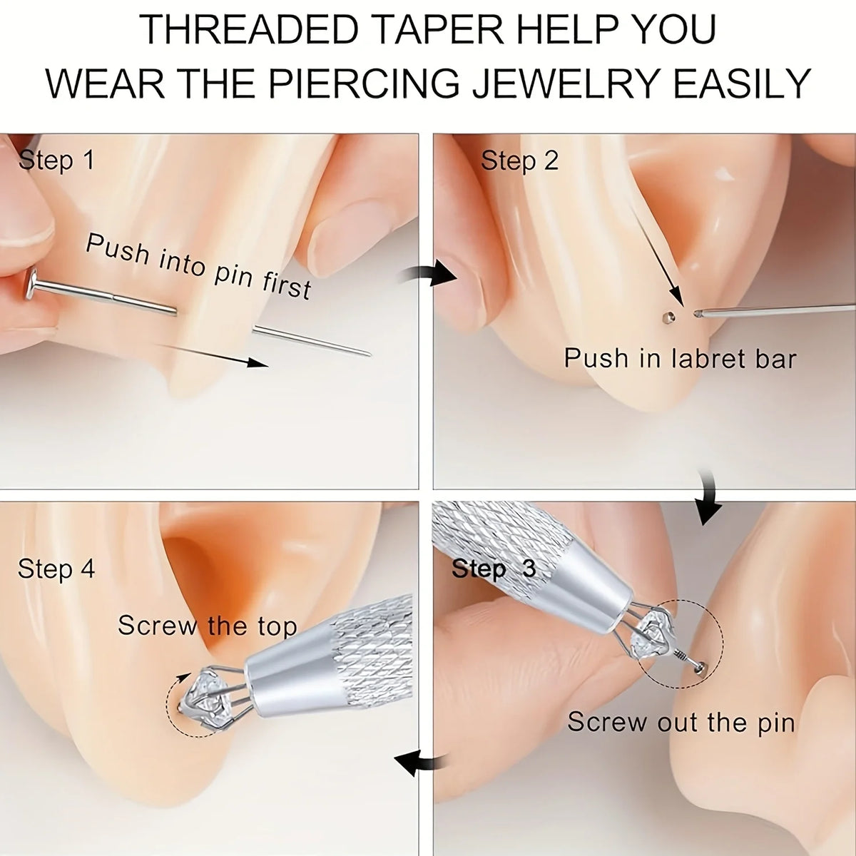 Diagram showing four steps for using a threaded taper piercing jewelry kit on the nose.