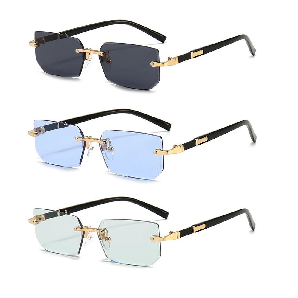 Rimless rectangle sunglasses shown in dark gray, light blue, and clear finishes with gold accents
