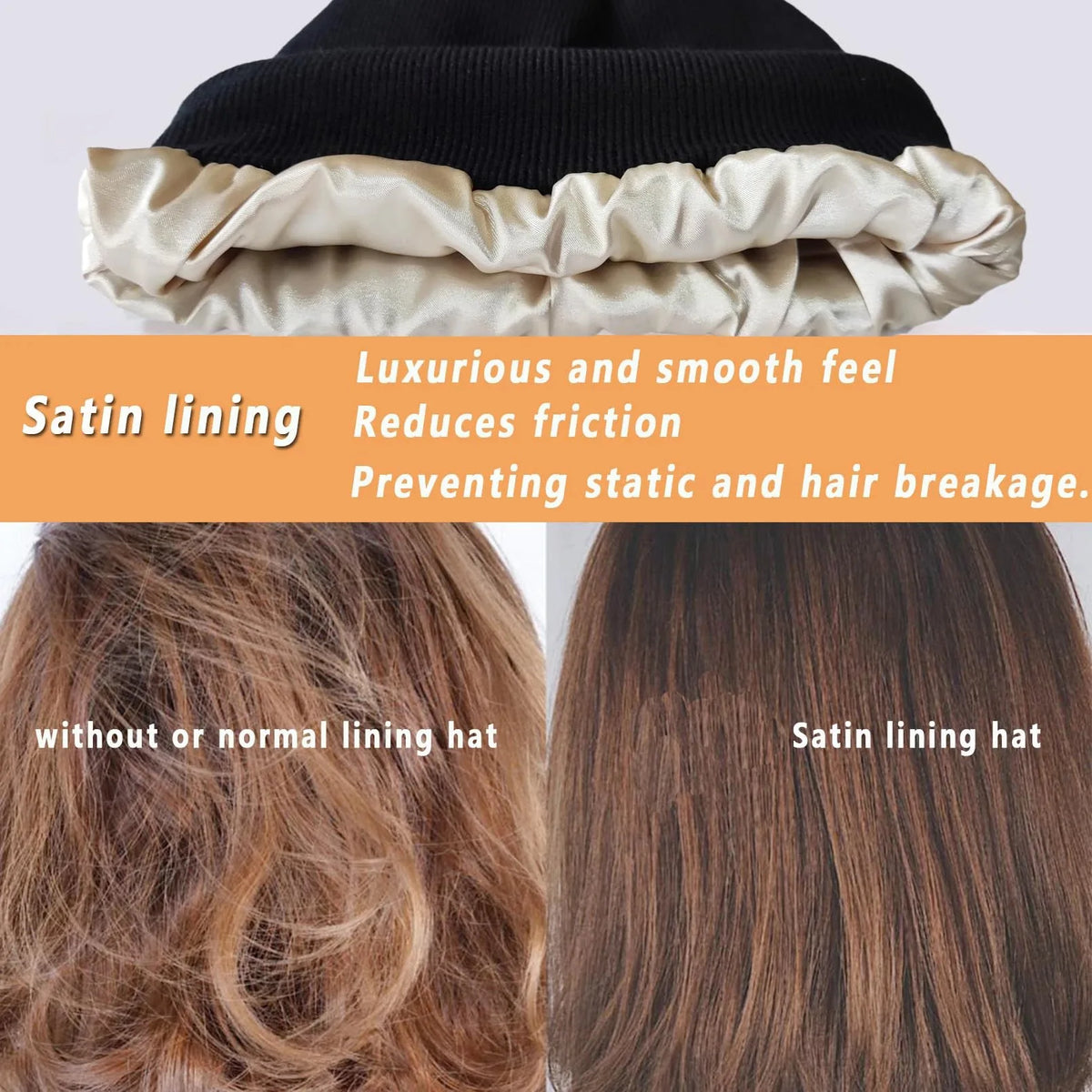 Close-up of a black beanie hat with a satin lining, showing the texture and smooth finish.