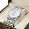 A stainless steel watch with a white dial featuring the slogan Who cares I'm already late, displayed in a wooden box.