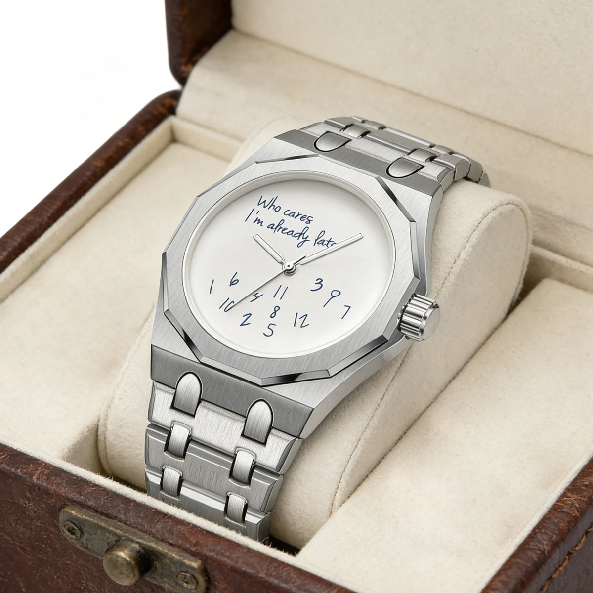 A stainless steel watch with a white dial featuring the slogan Who cares I'm already late, displayed in a wooden box.