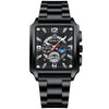 Schwarze Luxus-Quarz-Armbanduhr mit detailliertem Zifferblatt und Metallband.