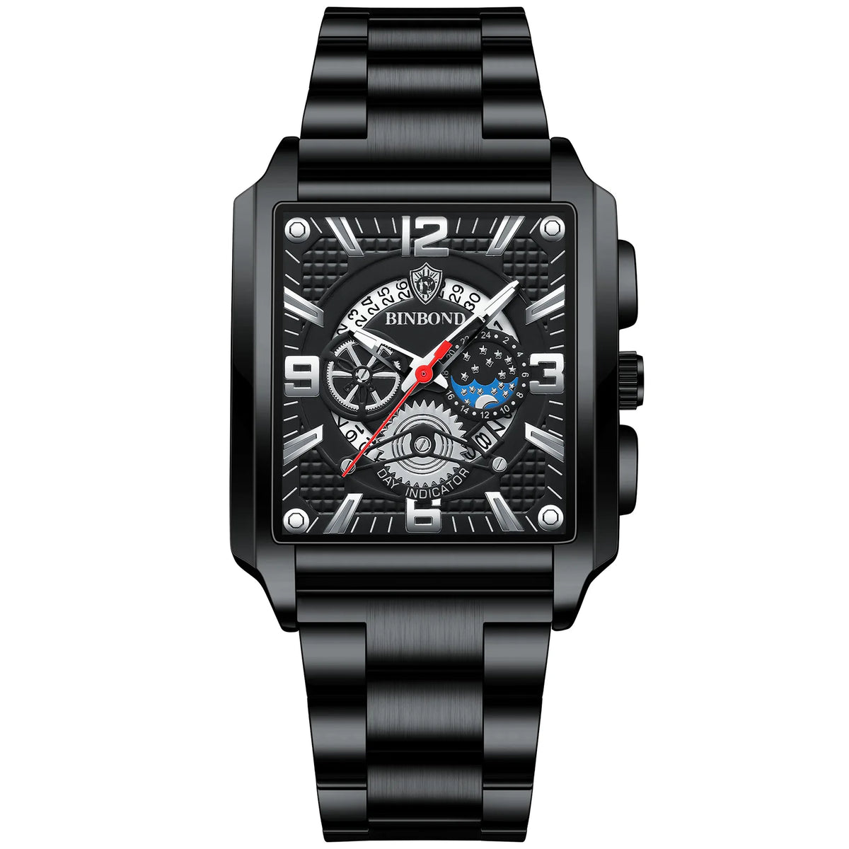 Schwarze Luxus-Quarz-Armbanduhr mit detailliertem Zifferblatt und Metallband.