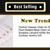A display of fashion glasses chains for women featuring pearl beaded mask chains and heart charm eyewear jewelry