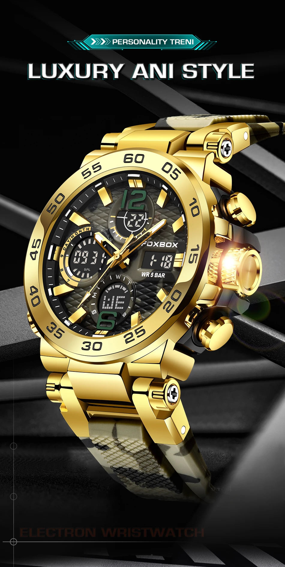 A close-up of a gold luxury men's chronograph dive watch with a black dial and a patterned strap.