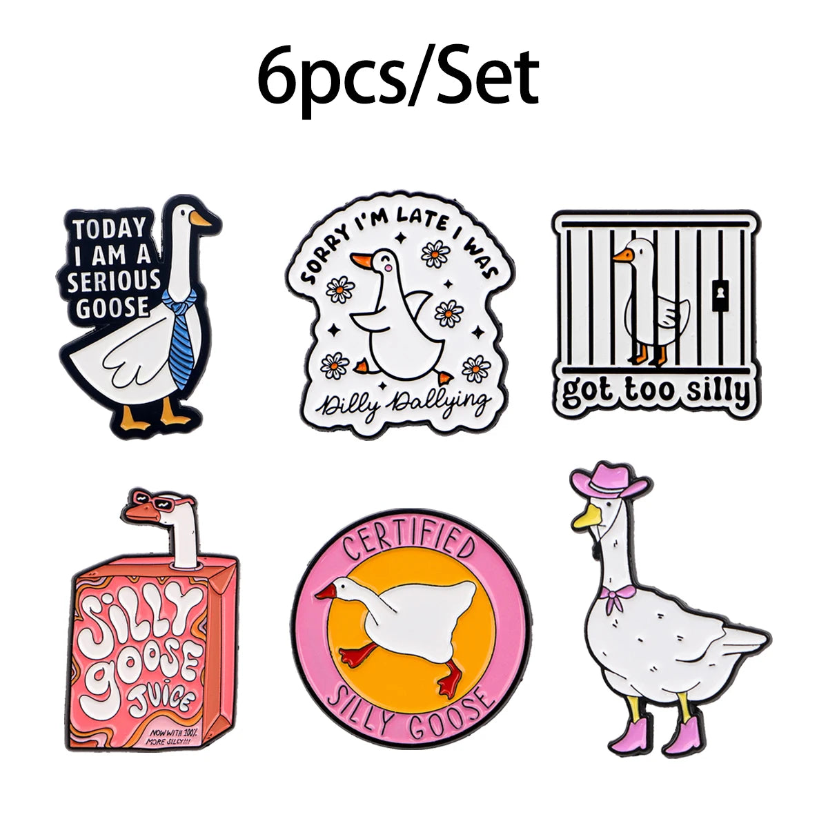 A set of six enamel pins featuring various cute goose designs and related text.