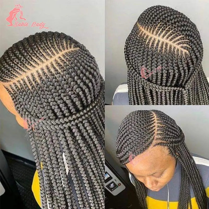 Close-up of a black braided cornrow wig worn by a person, showing the intricate detail and texture.