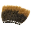 A bundle of long curly hair extensions showing a gradient from dark brown to light blonde.