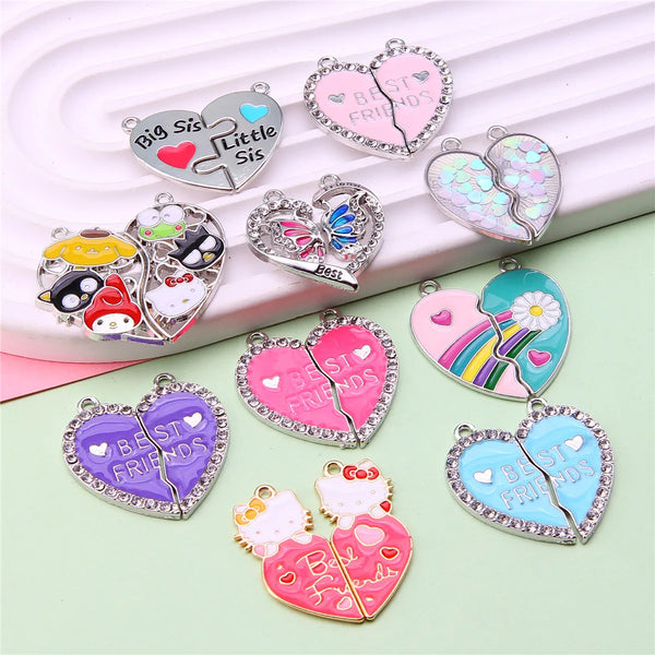 A multi-set of heart-shaped friendship necklace pendants featuring various designs and colors.