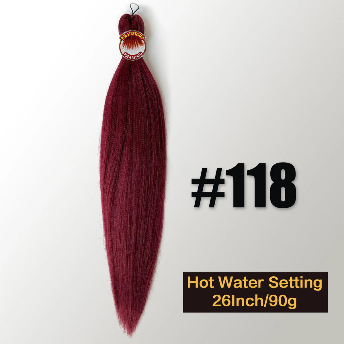 A bundle of deep burgundy pre-stretched Kanekalon braiding hair extensions with a gold tassel tag.