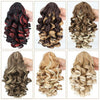 A collection of 14-inch claw clip ponytail extensions in various shades of black, brown, and blonde hair