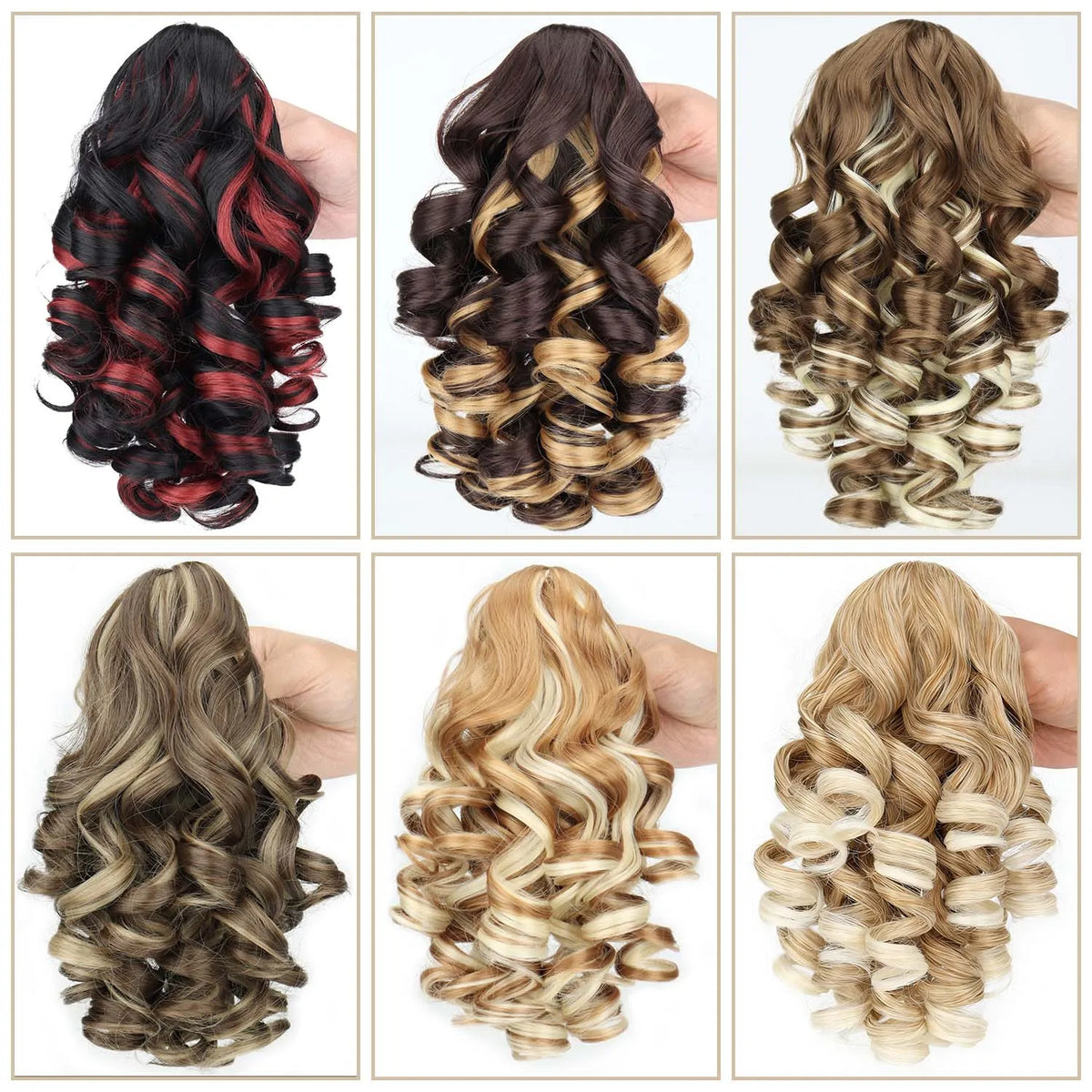 A collection of 14-inch claw clip ponytail extensions in various shades of black, brown, and blonde hair