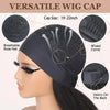 A black versatile wig cap is shown on a mannequin head, highlighting its breathable rose net and 4 fixed comb design.